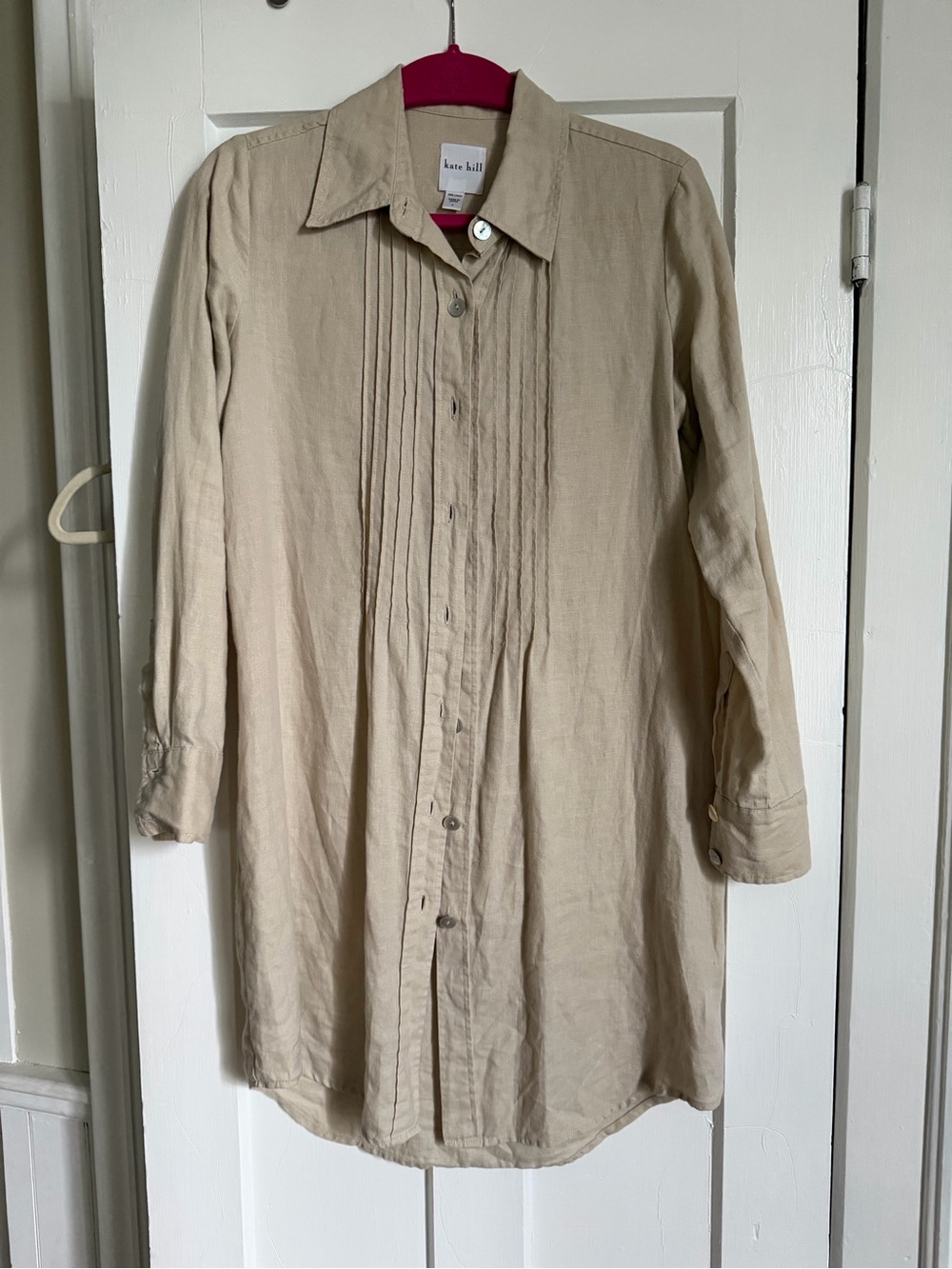 Kate Hill Beige Linen Button-Front Pintuck Tunic Dress
